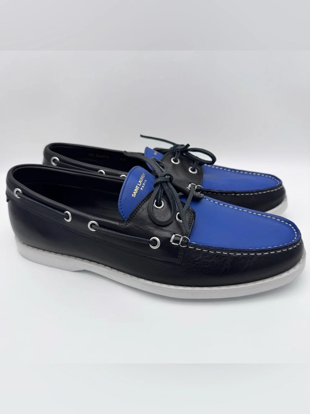 Saint Laurent Leather Boat Shoes Black Royal Blue Men's EU 43 US 10
